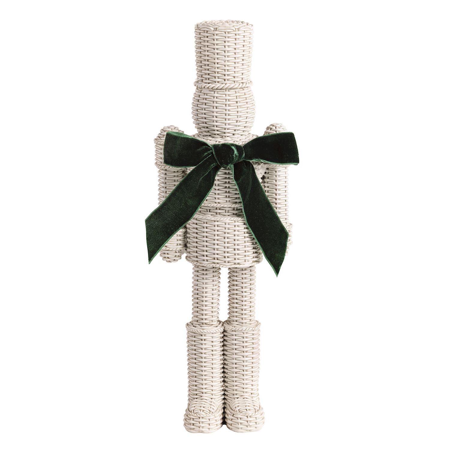 White resin nutcracker with a woven wicker texture and a dark green velvet bow.