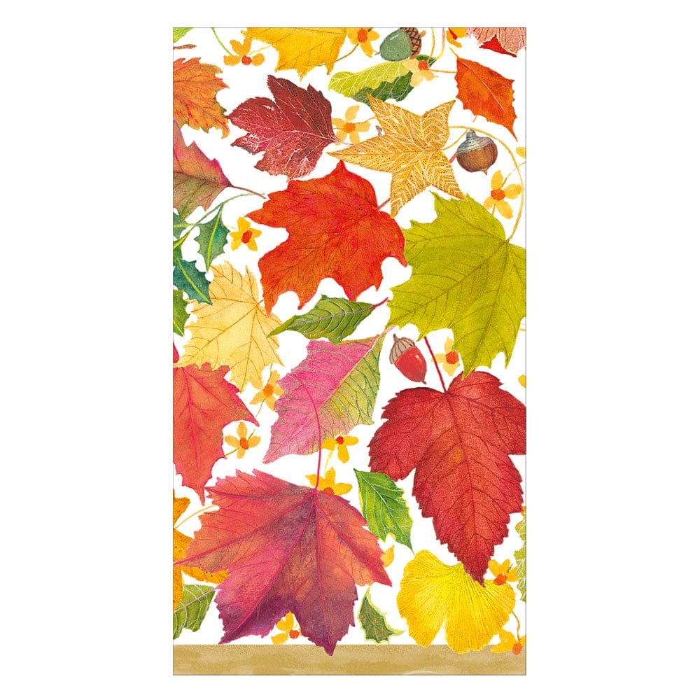 Swirling Leaves White Guest Towels featuring a colorful autumn leaf and acorn pattern.