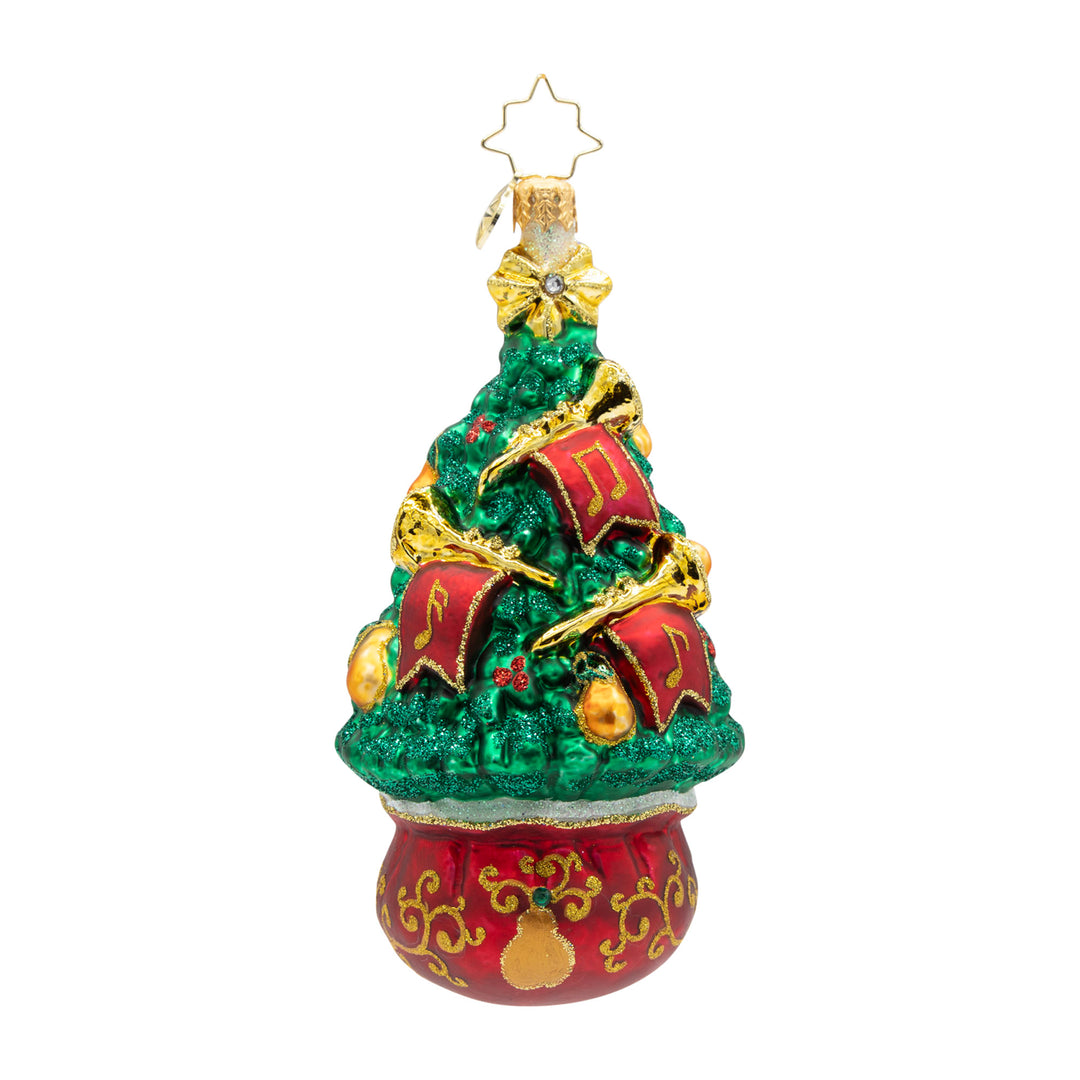 11 Pipers Piping Tree glass Christmas ornament with green glitter, gold horns, and red banners.