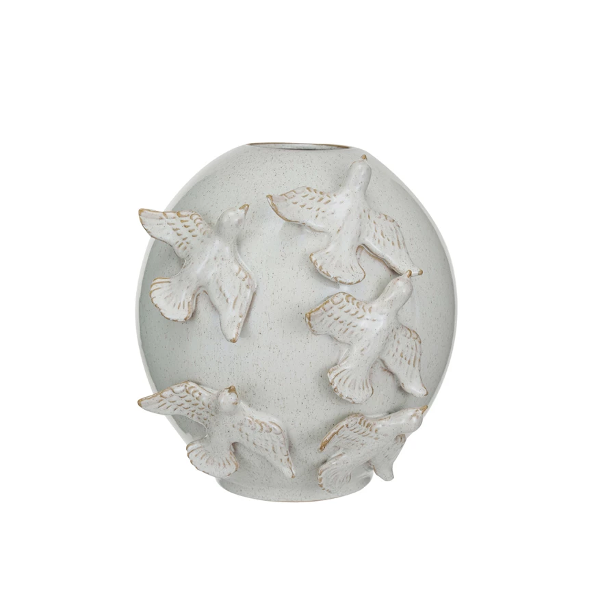 Round handmade stoneware vase with reactive glaze featuring a bird pattern