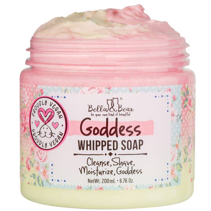 White whipped soap in a clear recycled plastic jar with a white lid