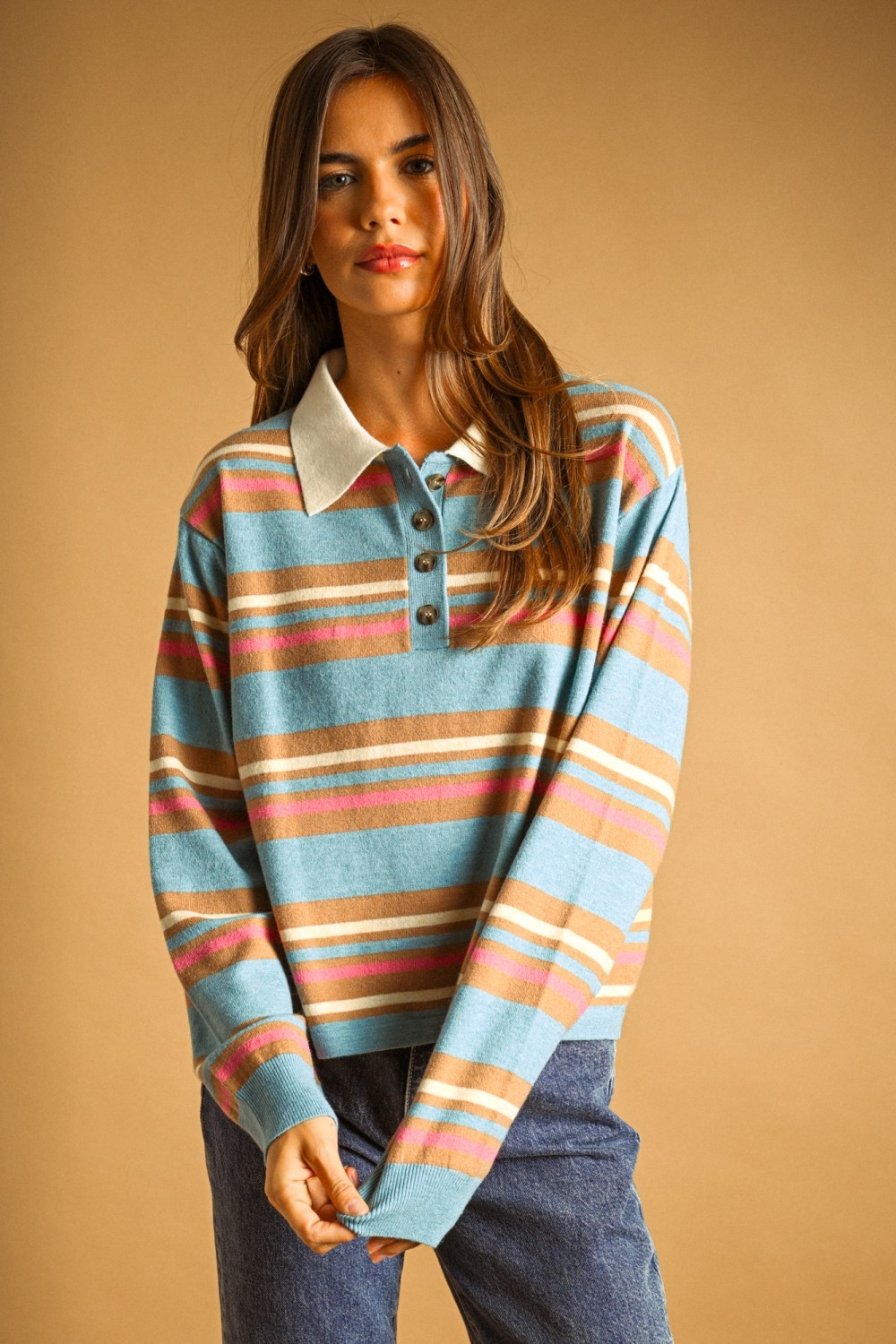 Erica Long Sleeve Sweater Top with multi-color rugby stripes and a cream polo collar.