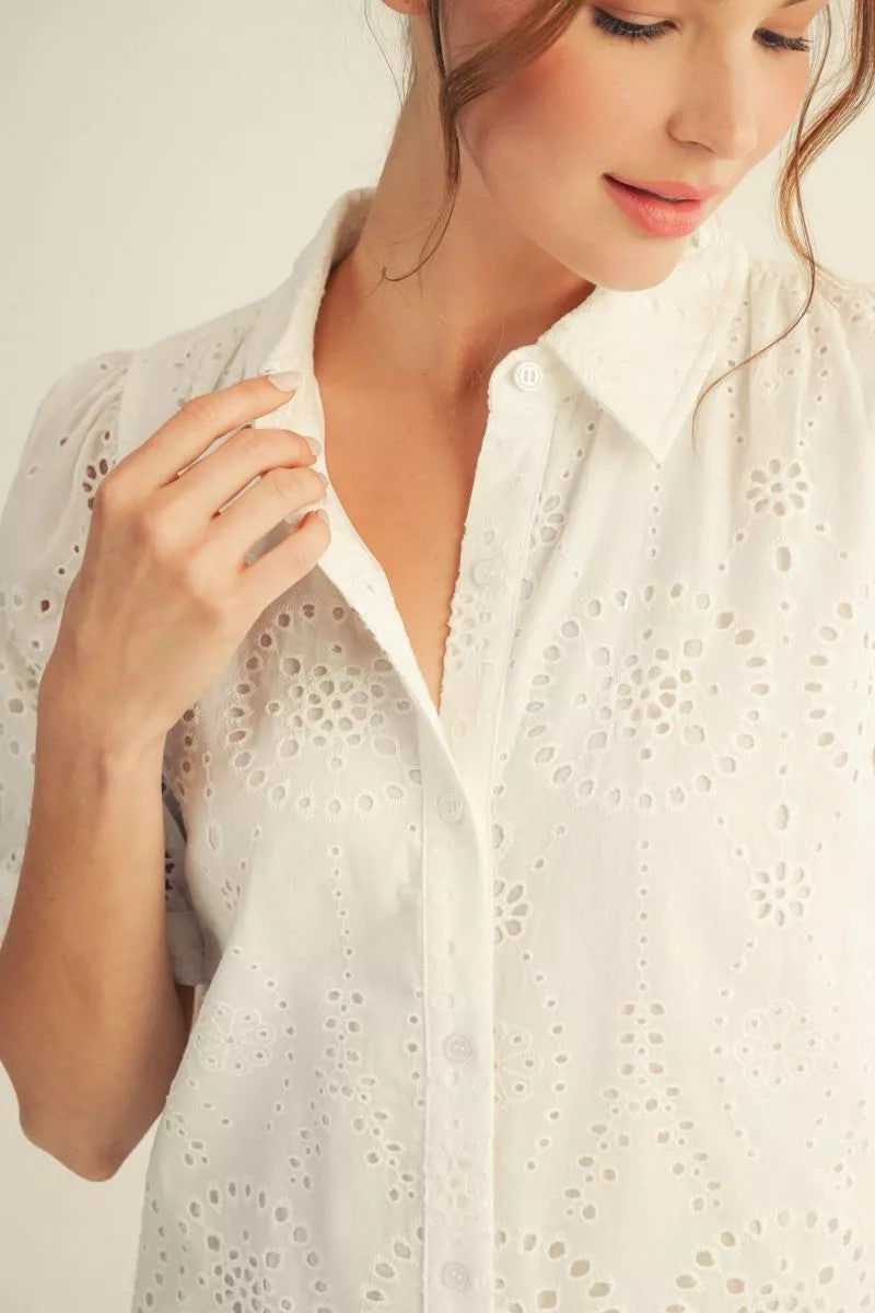 Eleanor Short Sleeves Button Down Eyelet Dress