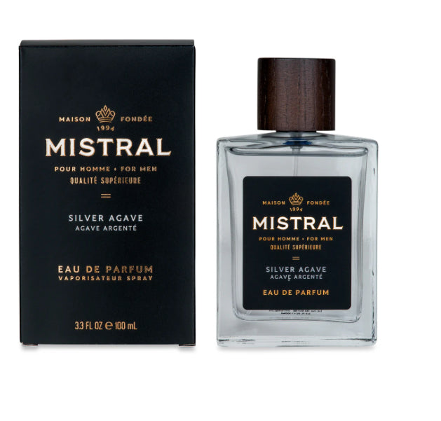 Men's Eau de Parfum Silver Agave bottle with silver cap against a neutral background.