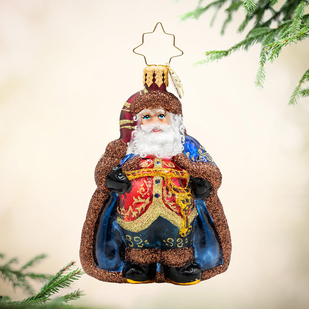 Keymaster Klaus Gem Santa ornament in navy and champagne glitter with a gold key detail.
