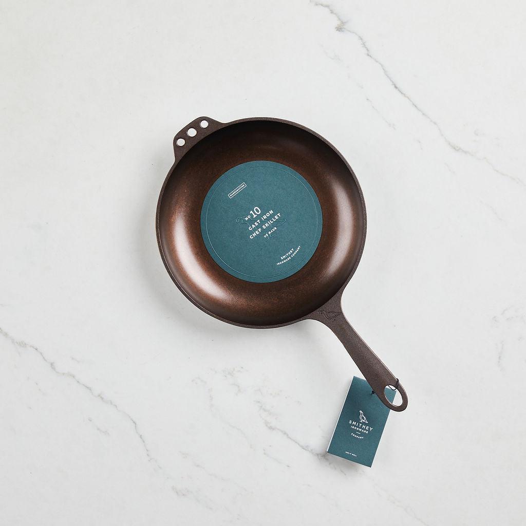 No. 10 Chef Skillet with a polished copper-toned interior, long handle, and blue product label.
