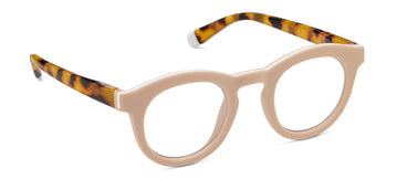 Saffron eyeglasses with a taupe matte front frame featuring Tokyo tortoise temple accents and an aspheric lens.