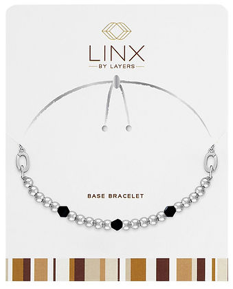 Silver ball and jet black faceted bead LINX base bracelet on a white display card.