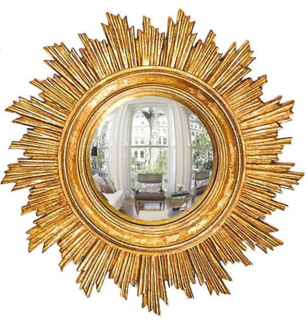 Gold convex wall mirror with intricate resin frame