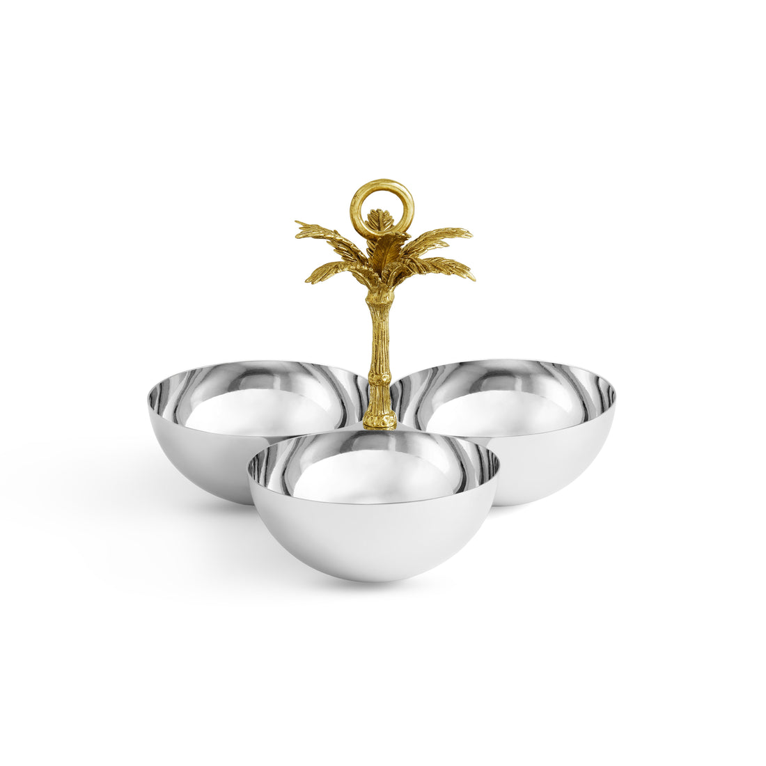 Palm Triple Bowl featuring three polished silver bowls joined by a gold palm tree handle.