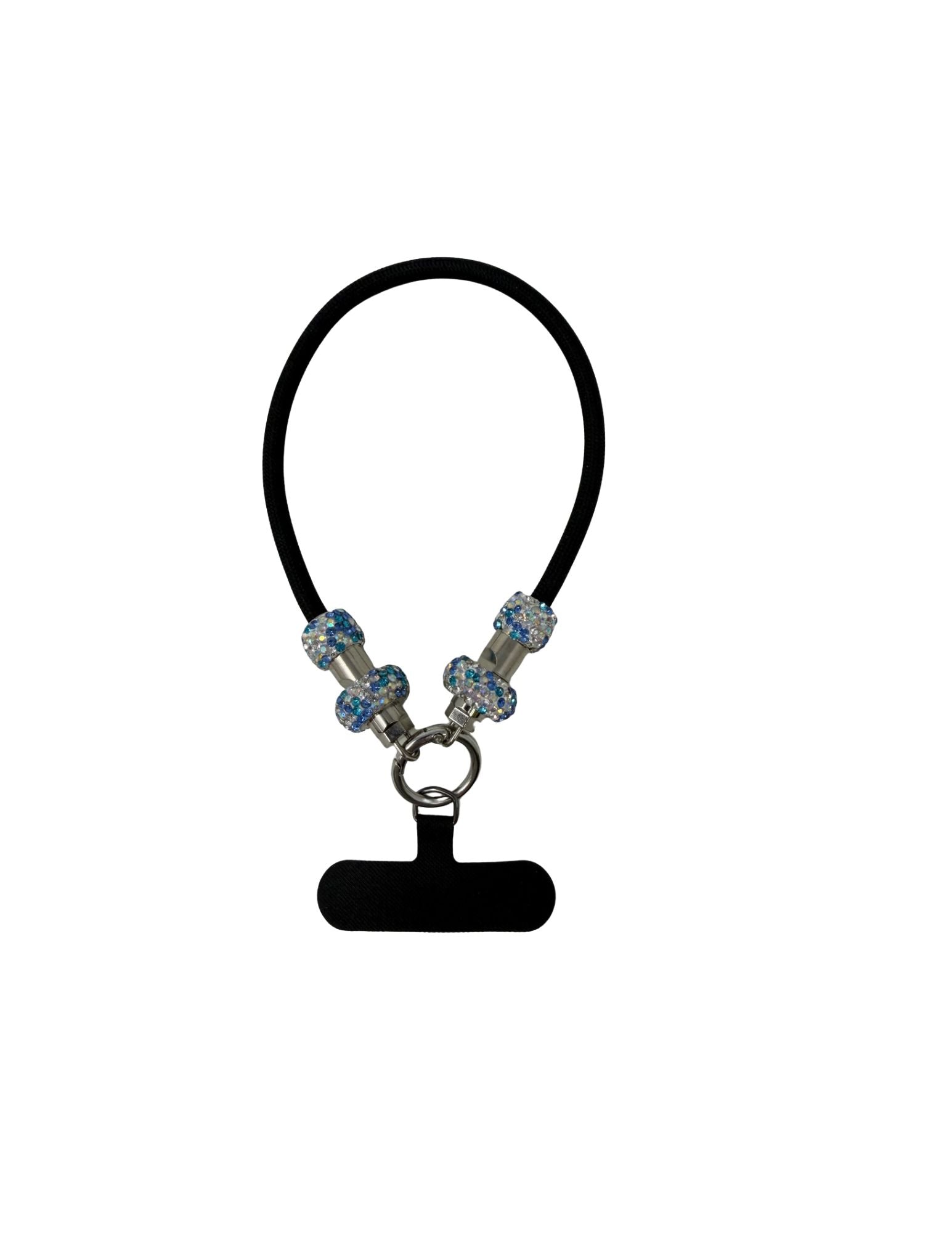 Cell Phone Buddy wrist strap with black cord, blue and white crystal beads, and phone tether tab.