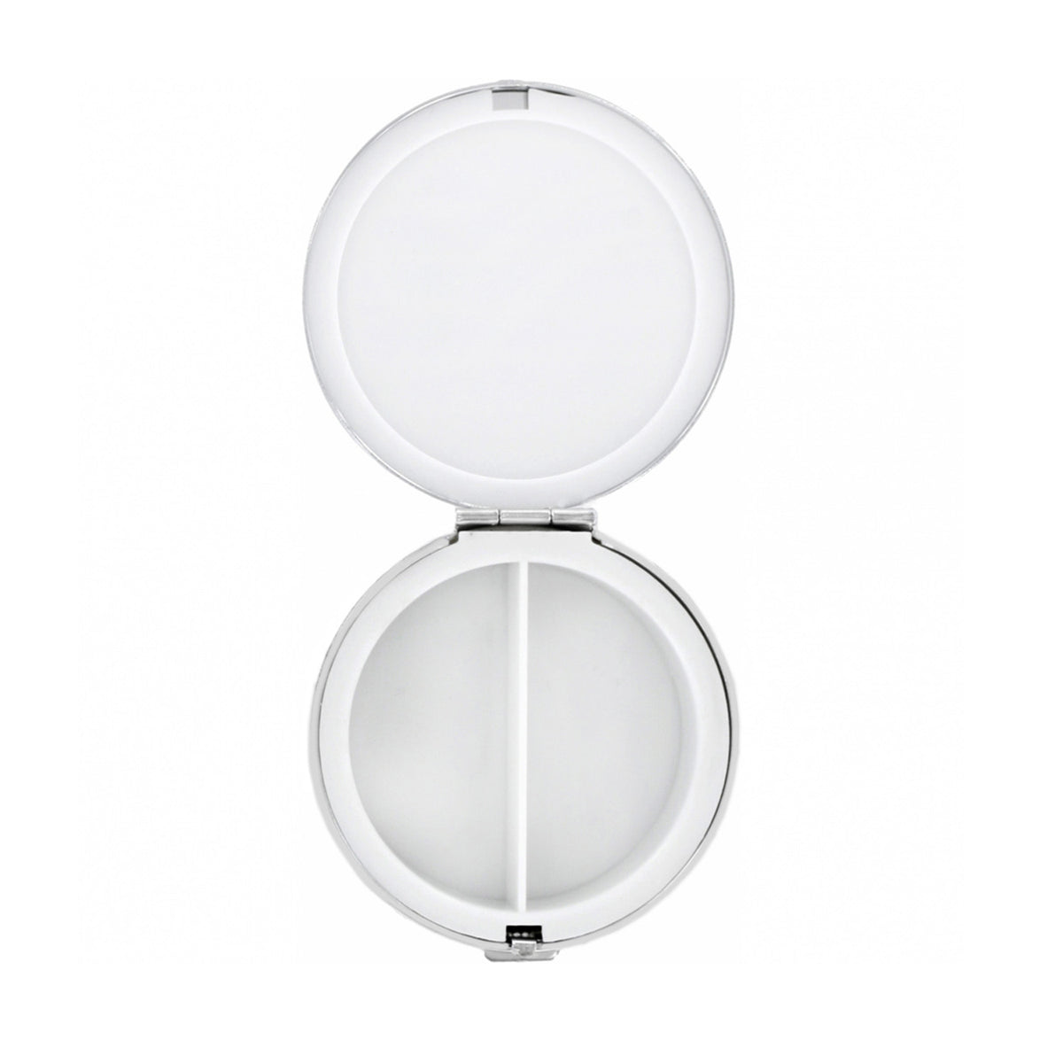 Open silver-plated Serendipity Pill Box showing two white interior compartments.