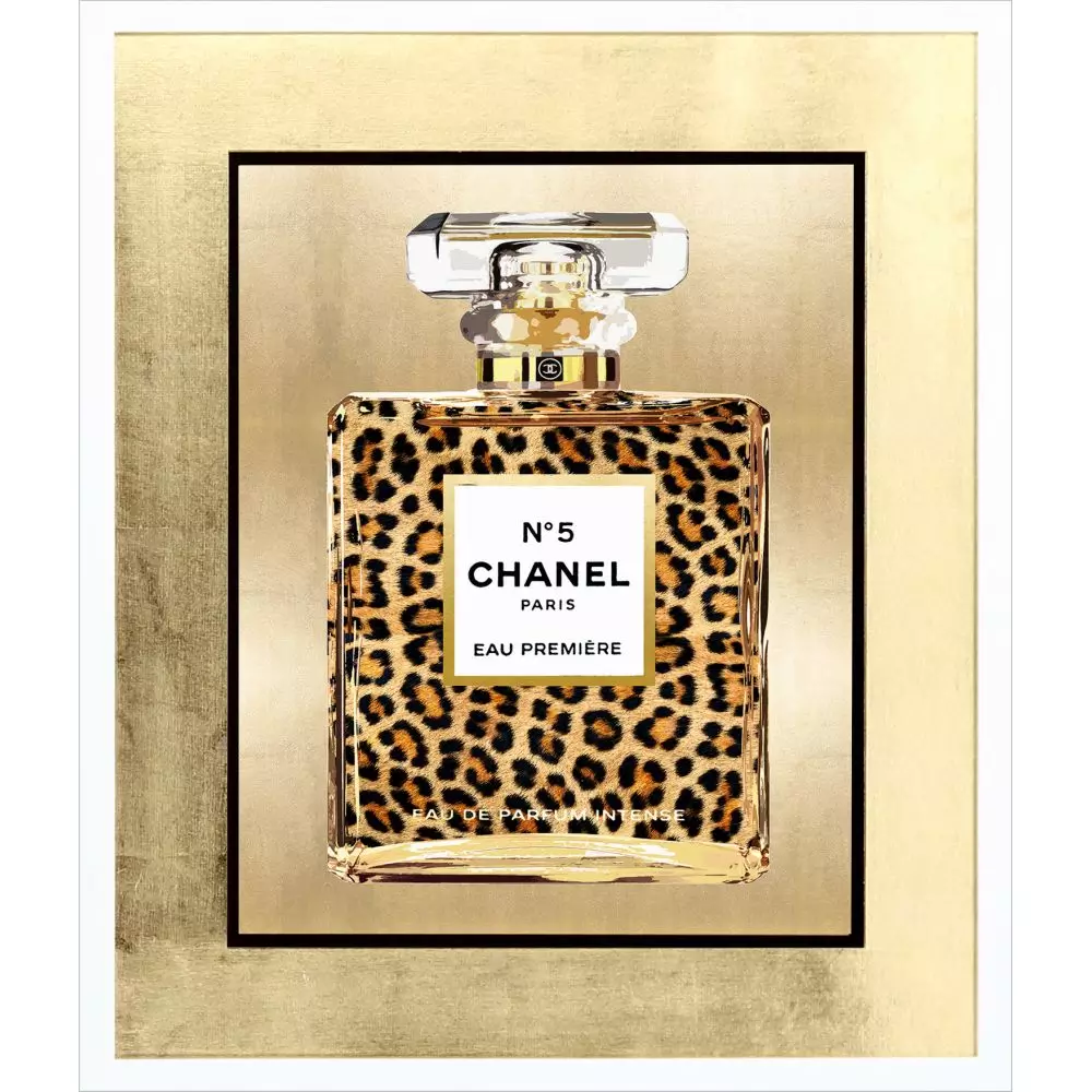 Wild Perfume-I wall art featuring a leopard print Chanel No. 5 bottle on a gold background.