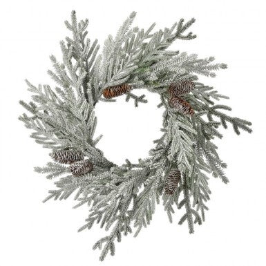 28-inch snowy pine wreath featuring frosted green needles and small brown pinecones.