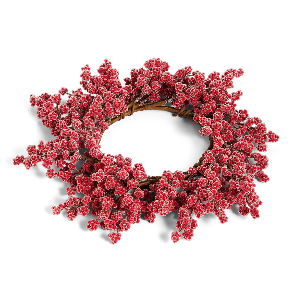 13-inch mini wreath candle ring featuring frosted red berries on a brown twig base.