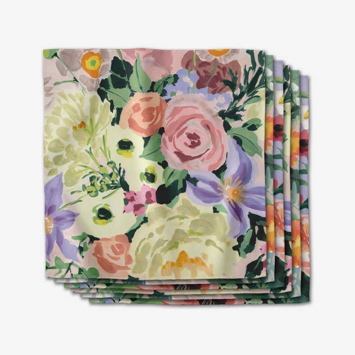 Set of six square Geosuede dinner napkins with single-sided geometric print in neutral tones.