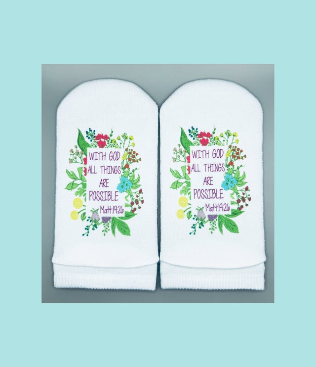 White no-show socks with floral embroidery and the text 'With God All Things Are Possible Matt 19:26'.