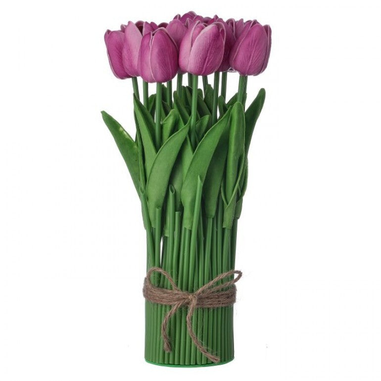 Twelve-inch Eva tulip centerpiece with green leaves tied in natural twine