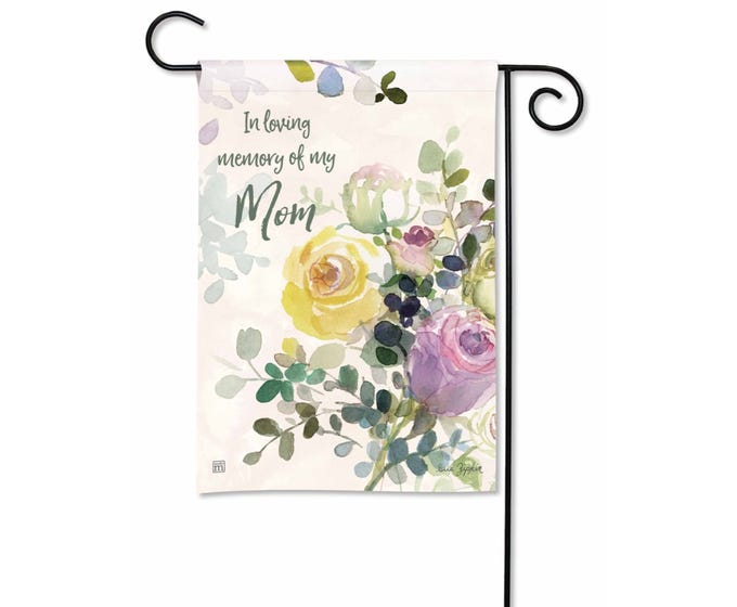 Garden flag with watercolor roses and text 'In loving memory of my Mom'.