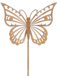 Laser cut metal garden stake featuring a butterfly silhouette with intricate wing patterns.