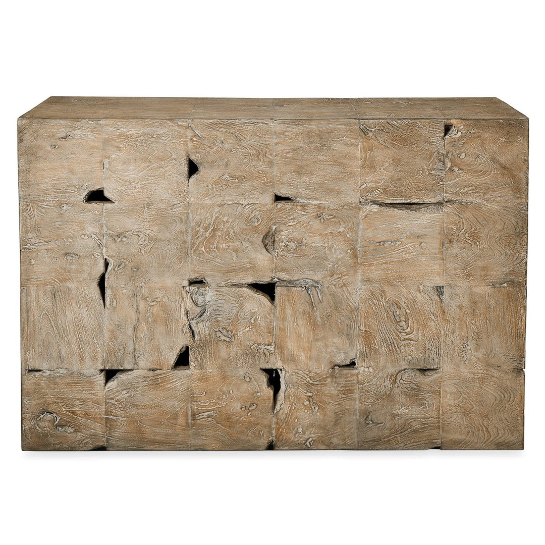 Light teak console table with a geometric tac toe game surface.