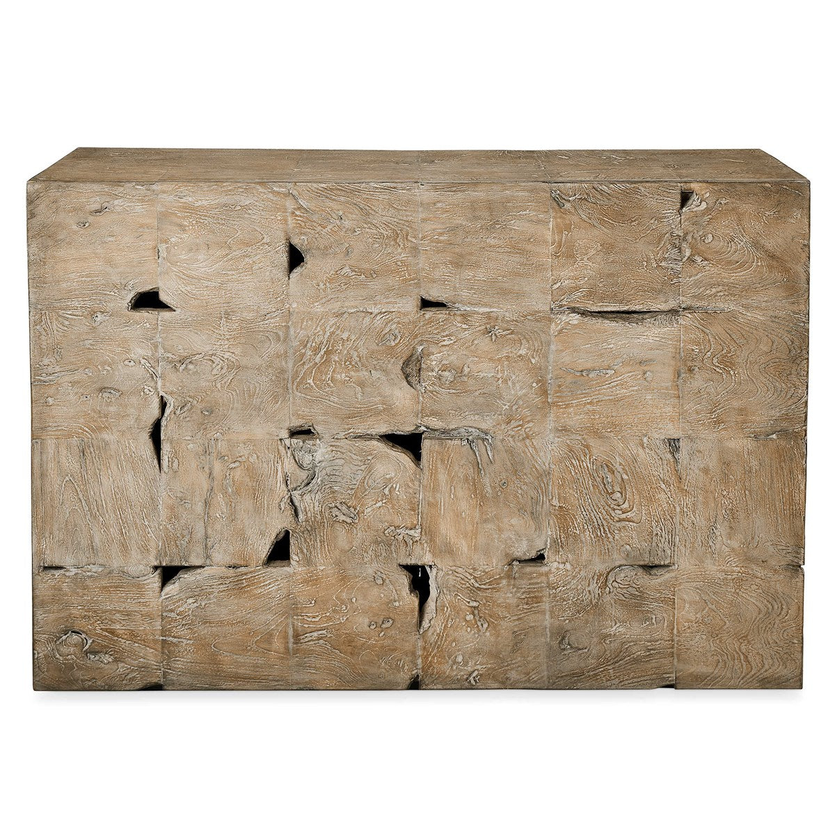 Light teak console table with a geometric tac toe game surface.