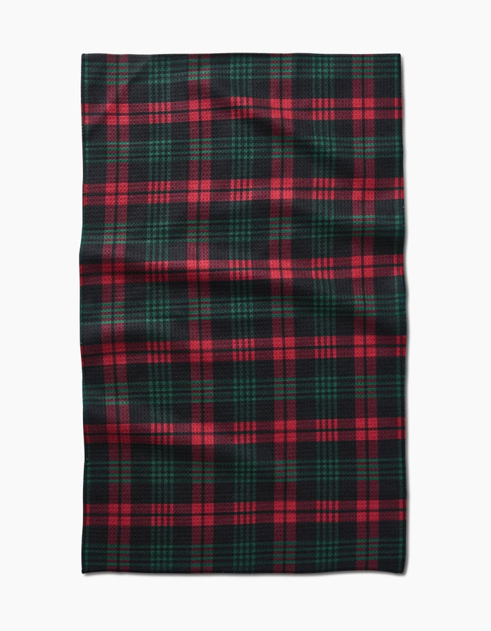 White waffle weave kitchen tea towel with holiday-themed single-sided print.