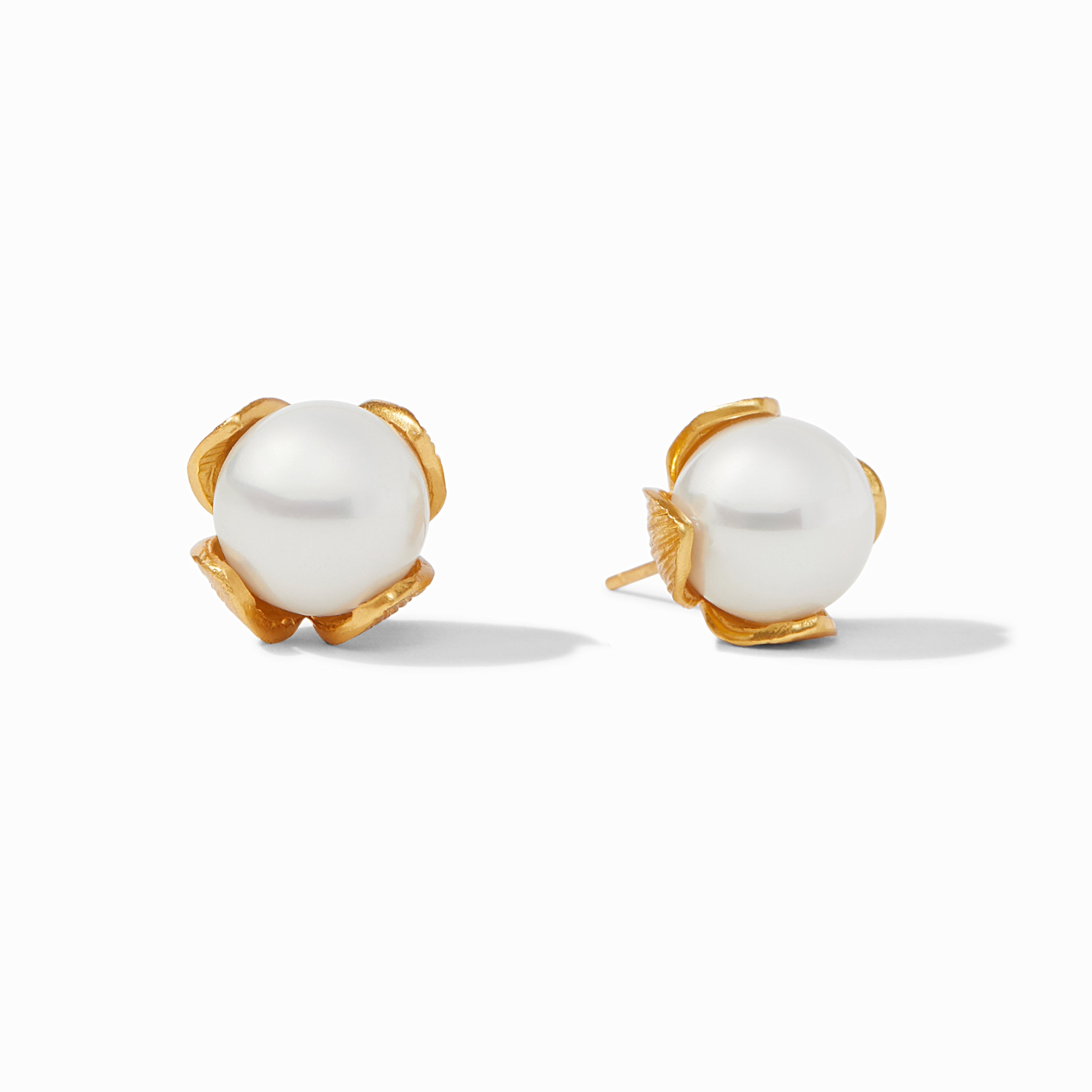 Penelope Stud Pearl earring featuring a shell pearl on 24K gold plate with a stud silhouette.