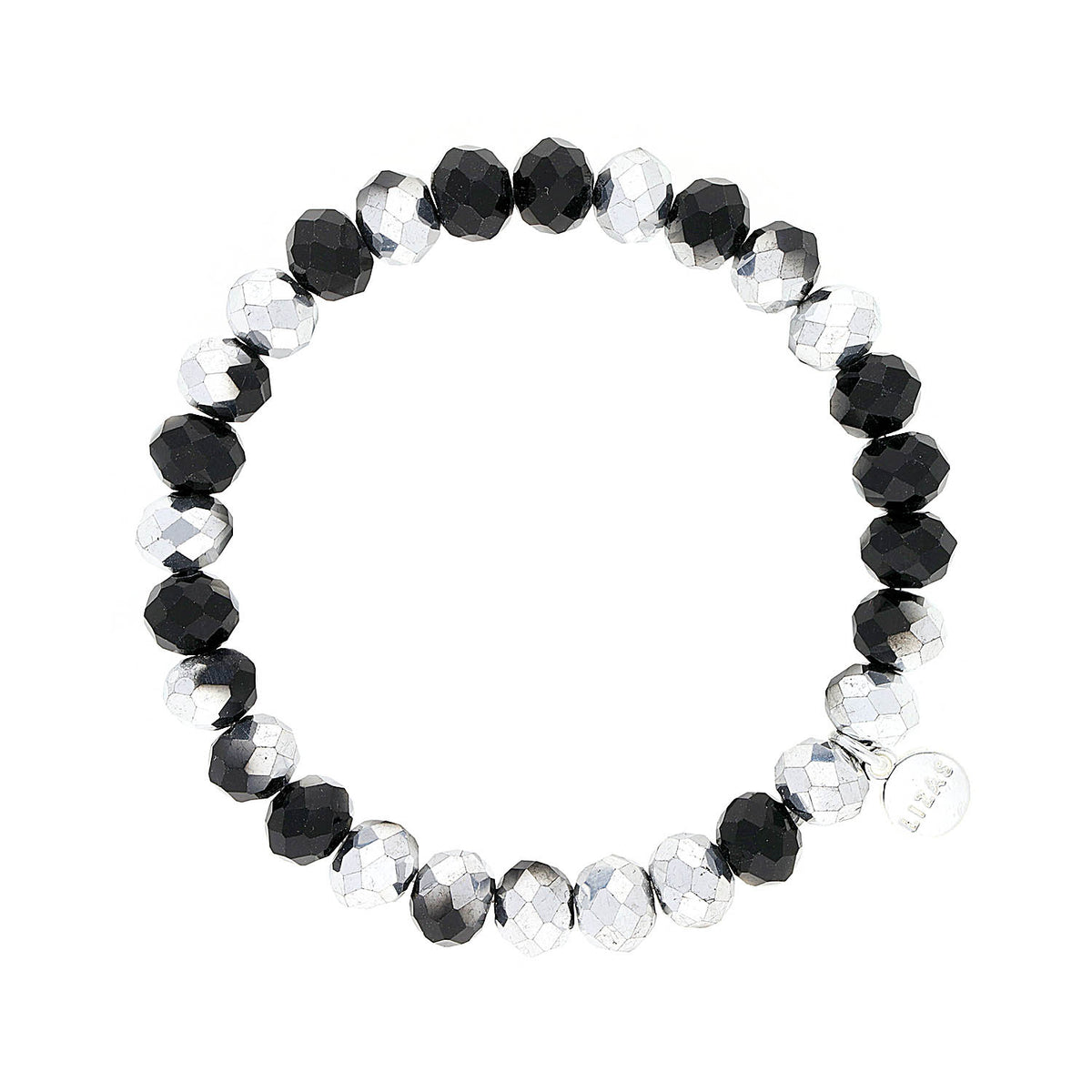 Stretchy bracelet with faceted glass beads in a colorful beaded pattern.