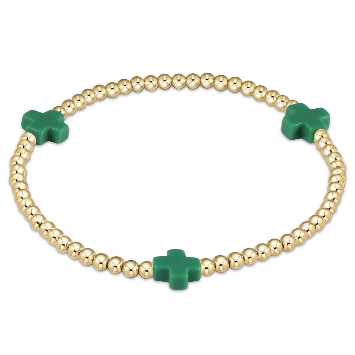 Signature Cross 3mm gold-filled beaded bracelet with three green cross charms.