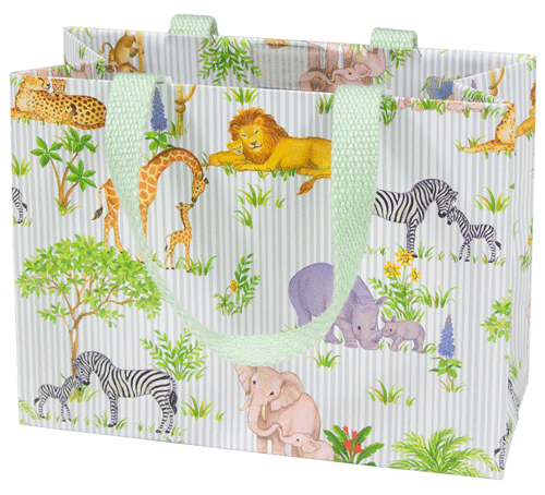 Small gift bag with a safari animal print featuring lions, giraffes, zebras, elephants, rhinos, and leopards on a striped background.