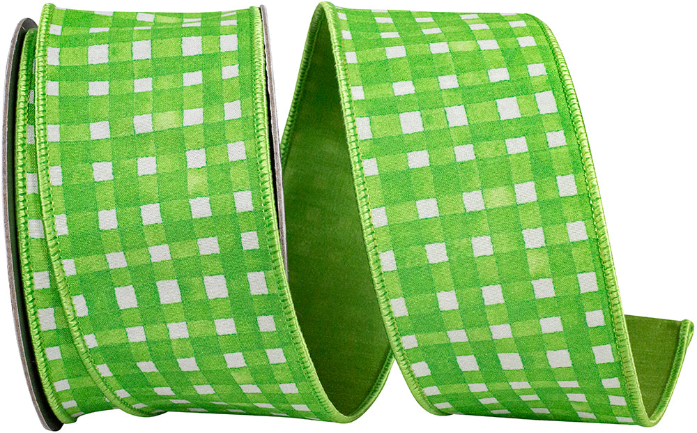 Green watercolor check deluxe dupioni wired edge ribbon on a spool.