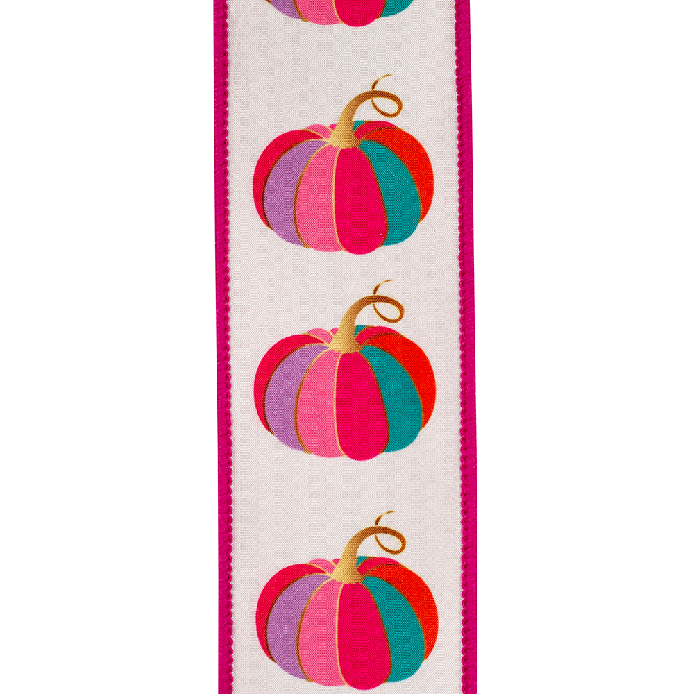 Wired edge ribbon featuring colorful striped pumpkins in fuchsia, purple, and teal on white fabric.