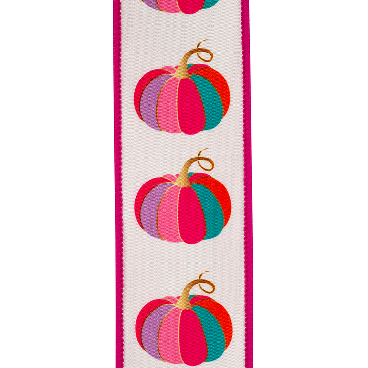 Wired edge ribbon featuring colorful striped pumpkins in fuchsia, purple, and teal on white fabric.