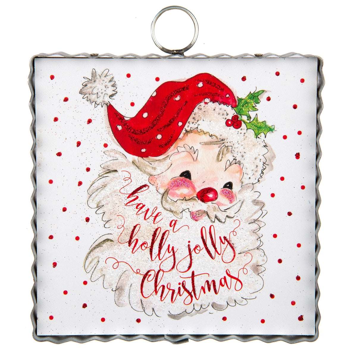 Mini Beck's Holly Jolly Santa ornament with red suit, white beard, green holly accents, and gold trim.