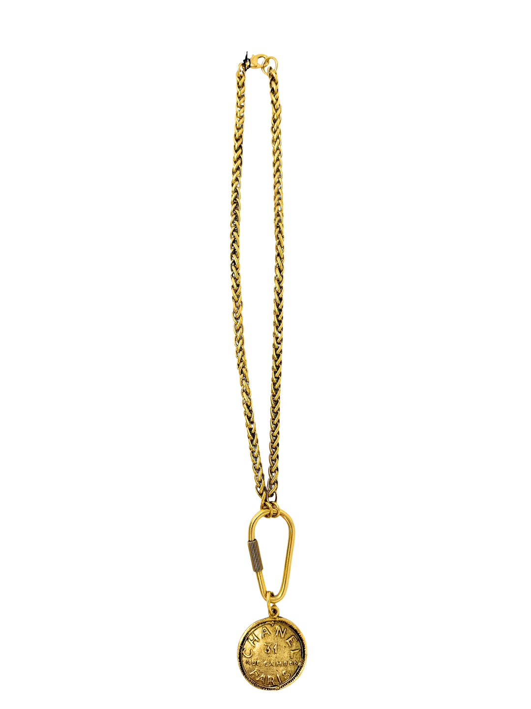 17-inch gold chain necklace with a carabiner clasp and a Chanel-inspired coin pendant.