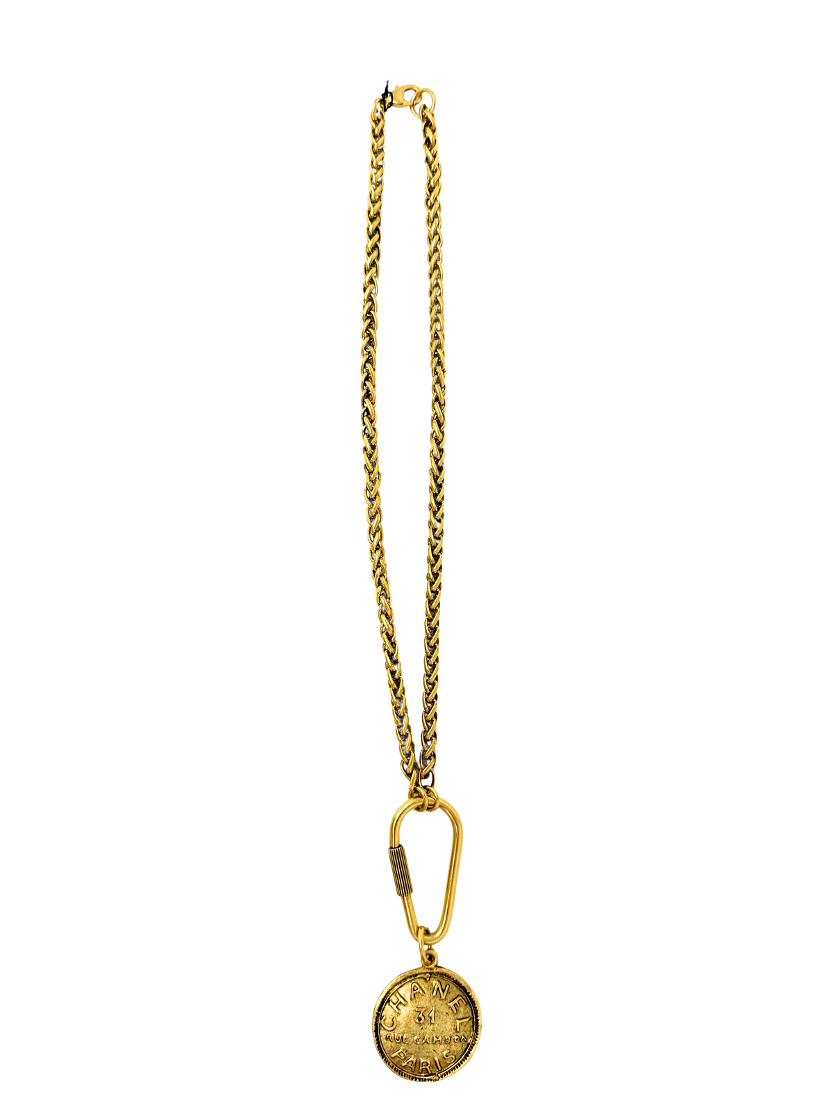 17-inch gold chain necklace with a carabiner clasp and a Chanel-inspired coin pendant.