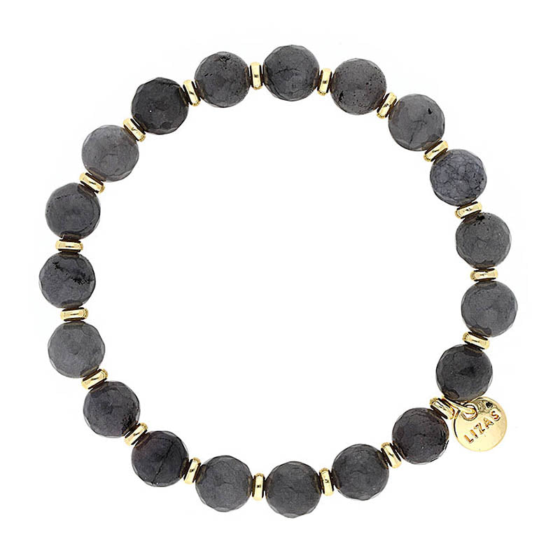 Lizas Beaumont Natural Bracelet with dark grey faceted stones and gold-toned spacers.