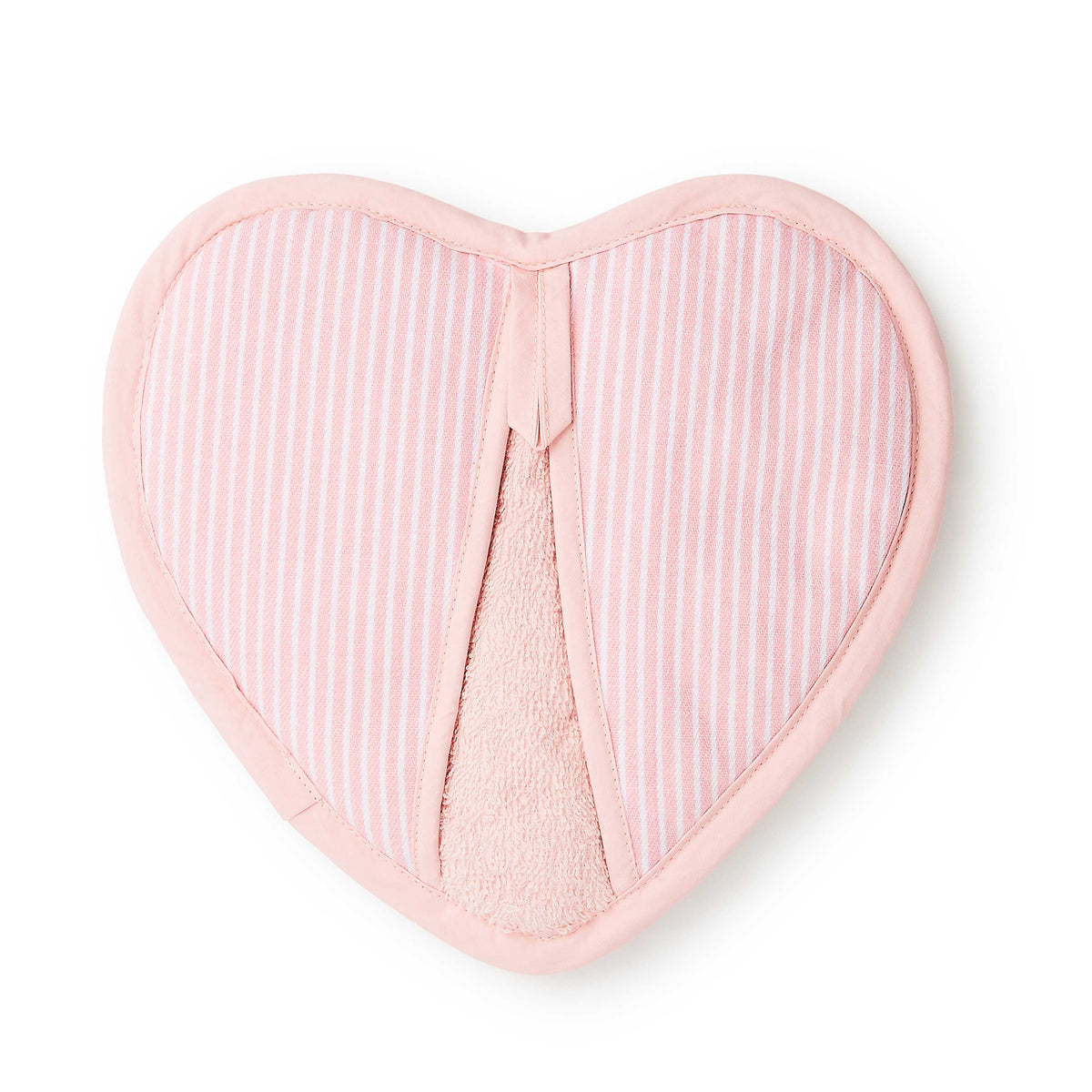 Rosy Check Heart Potholder featuring pink and white stripes with a heart-shaped design.