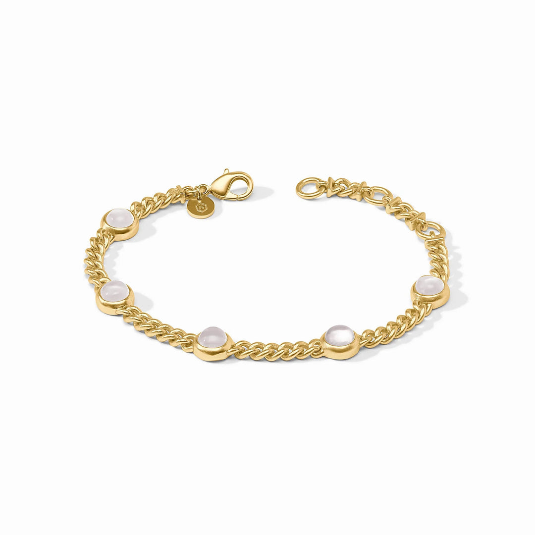 Dolce Delicate Bracelet in 24K gold plate with five round white glass cabochons on a curb chain.