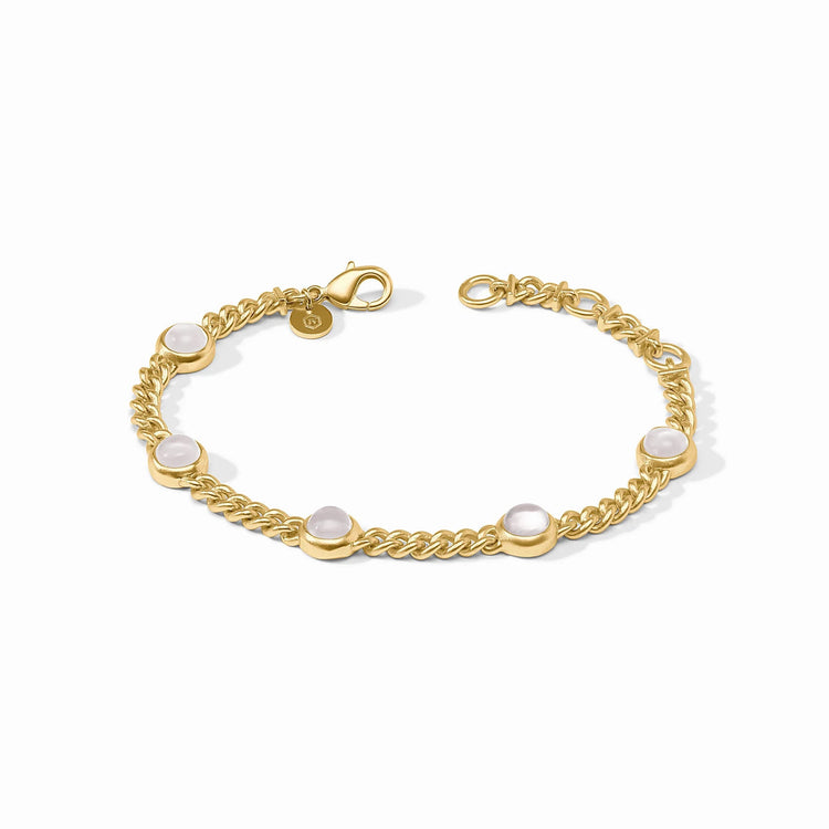 Dolce Delicate Bracelet in 24K gold plate with five round white glass cabochons on a curb chain.