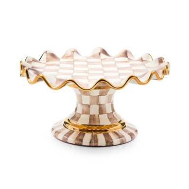 Handmade mocha ceramic fluted cake stand with gold lustre embellishments.