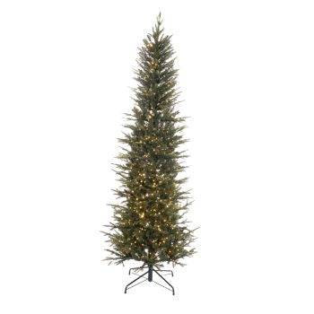 7.5-foot Pencil King pine fir tree with color-change rice lights in a sparkle pattern.