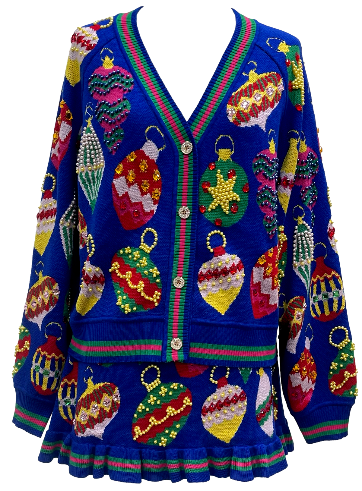 Button-up cardigan with multicolored jeweled ornament embellishments on a soft knit fabric.