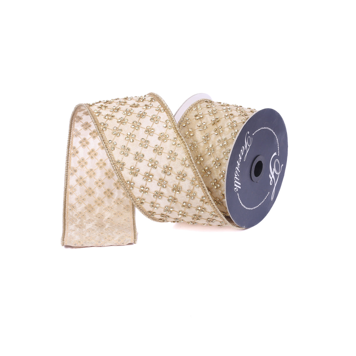 3 inch by 5 yard gold ribbon with a lattice diamond pattern on a spool.