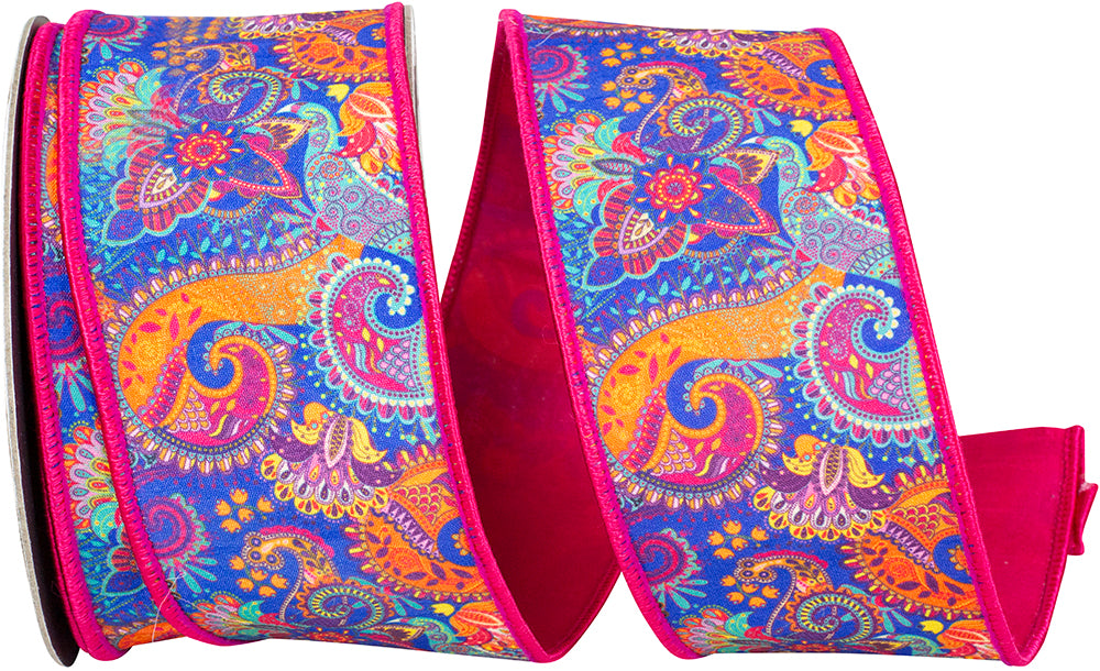 Paisley Fuchsia Deluxe Wired Edge Ribbon with vibrant blue, orange, and pink patterns.