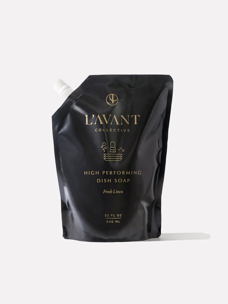 32 oz black refill pouch of L'AVANT Collective High Performing Dish Soap in Fresh Linen scent.