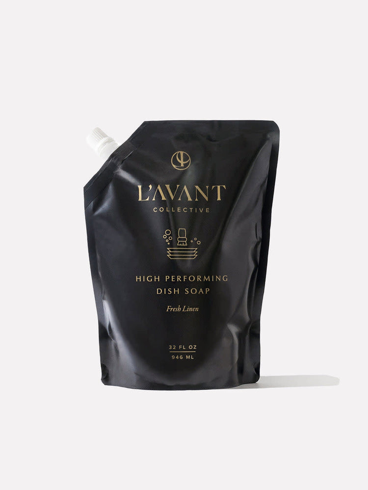 32 oz black refill pouch of L'AVANT Collective High Performing Dish Soap in Fresh Linen scent.