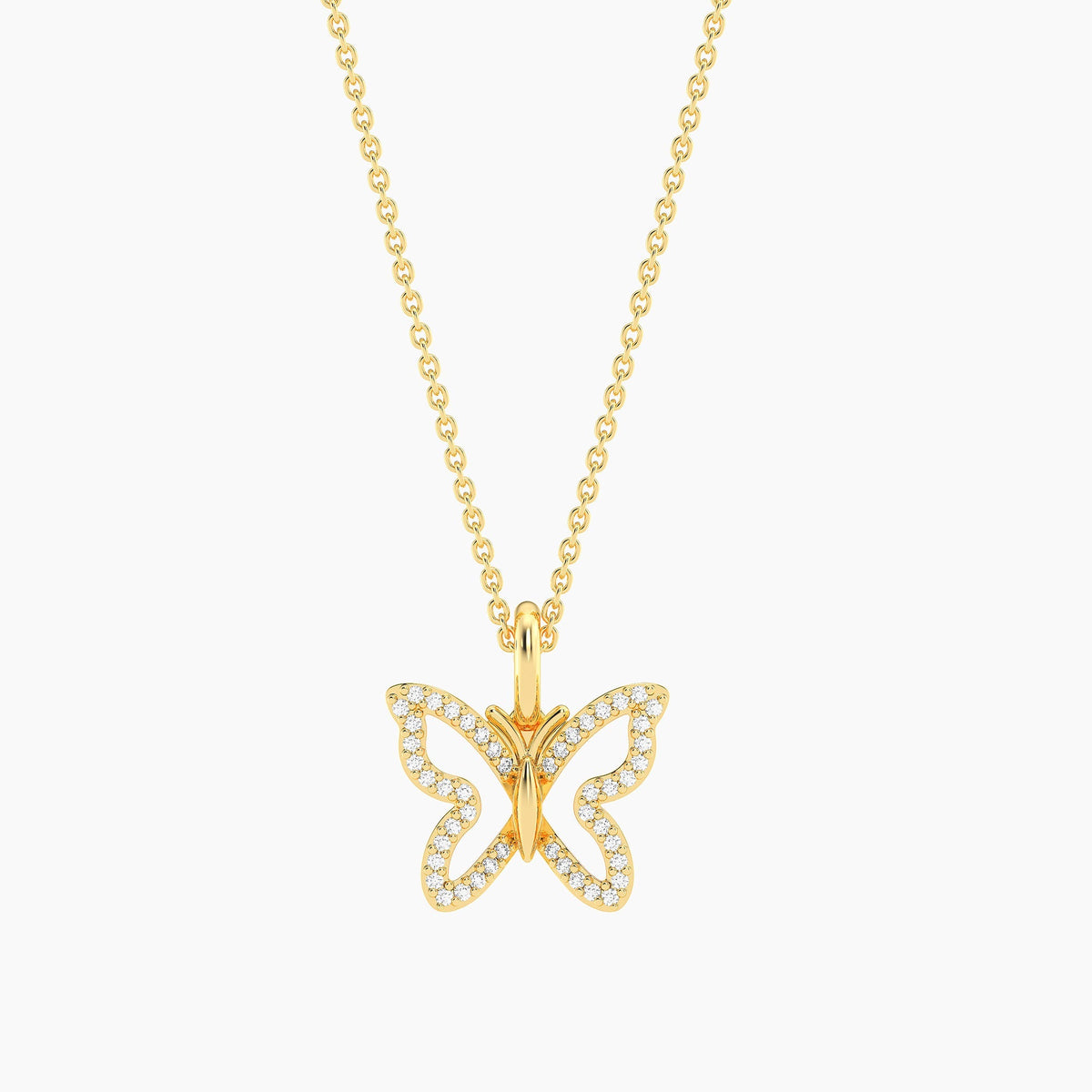 Gold plated stainless steel open wings pendant necklace on a chain with lobster clasp closure.