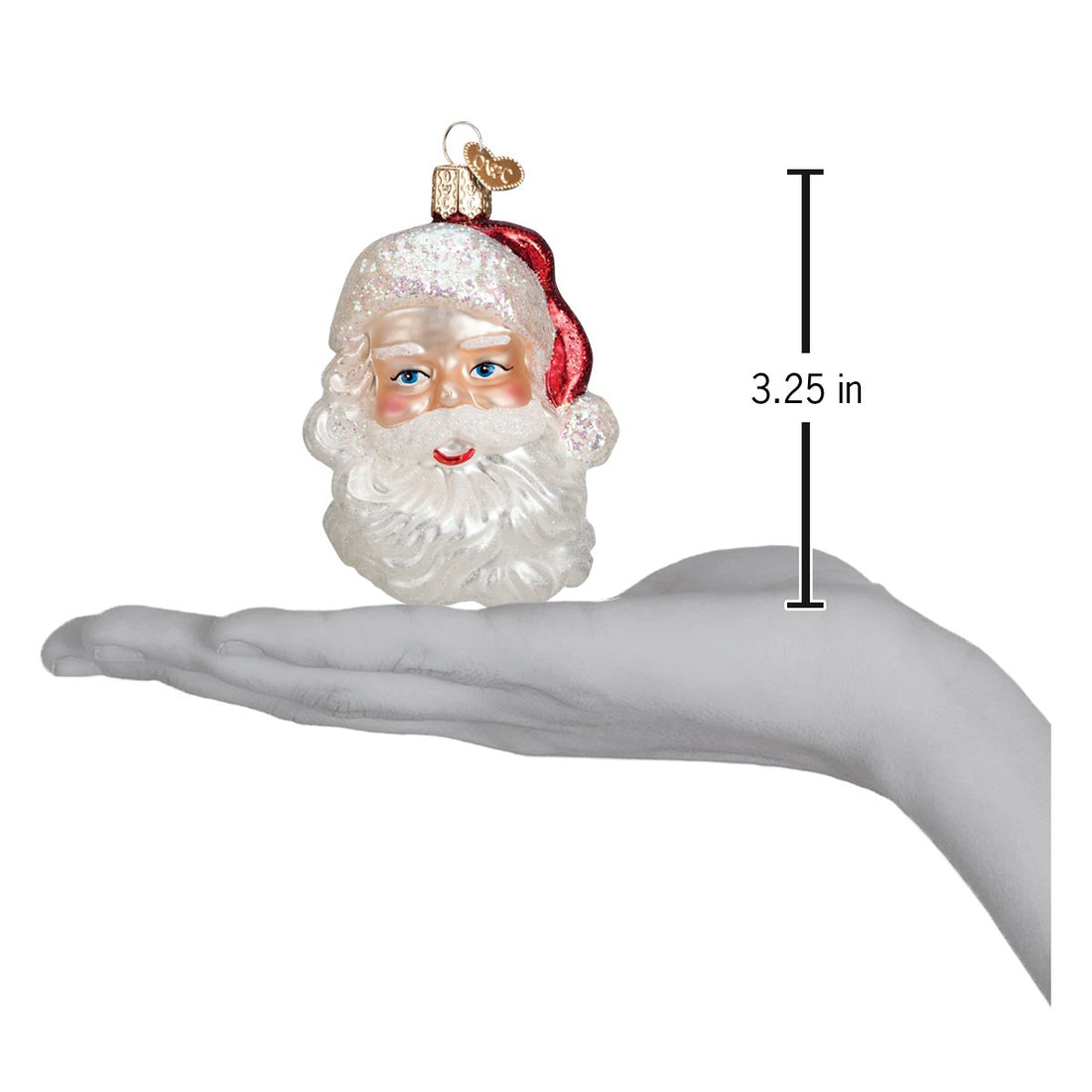 Mid Century Santa Head glass ornament, 3.25 inches tall, held in a hand for scale.